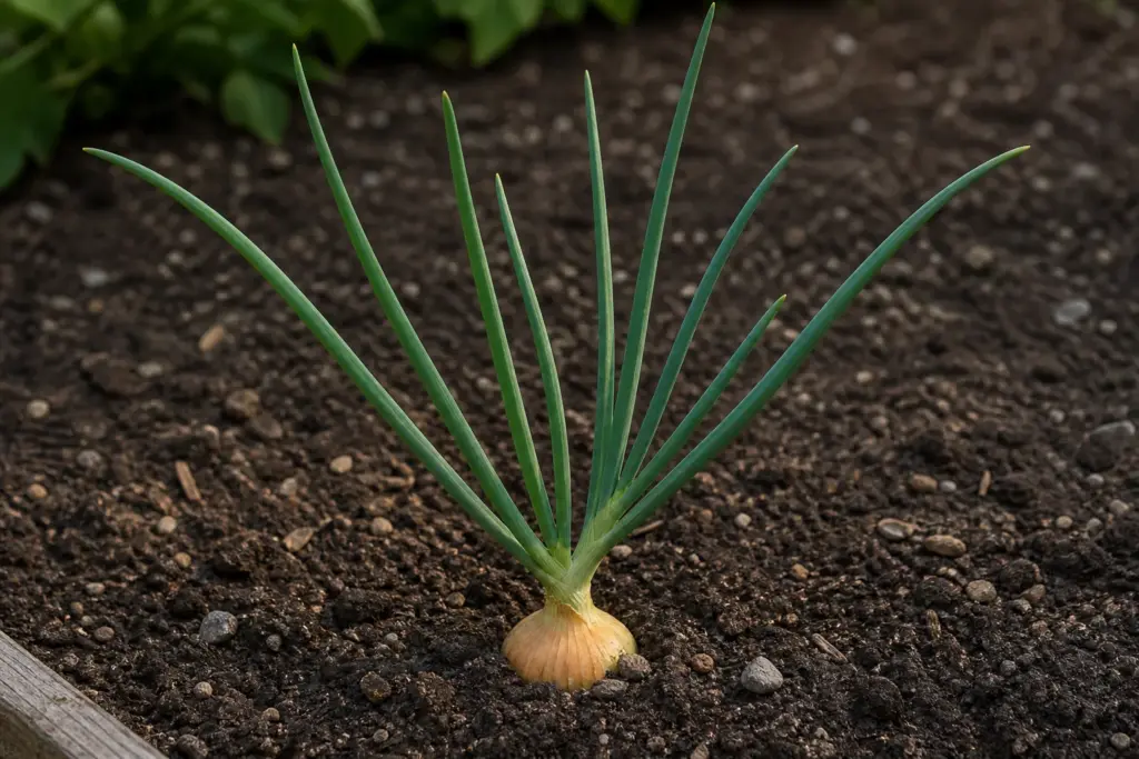 Yellow onion bulb beginning to swell at the soil surface beneath a fan of upright blue-green leaves.