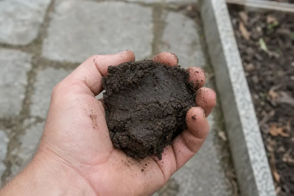 Bare hand holding a cohesive clump of wet garden soil during a squeeze test