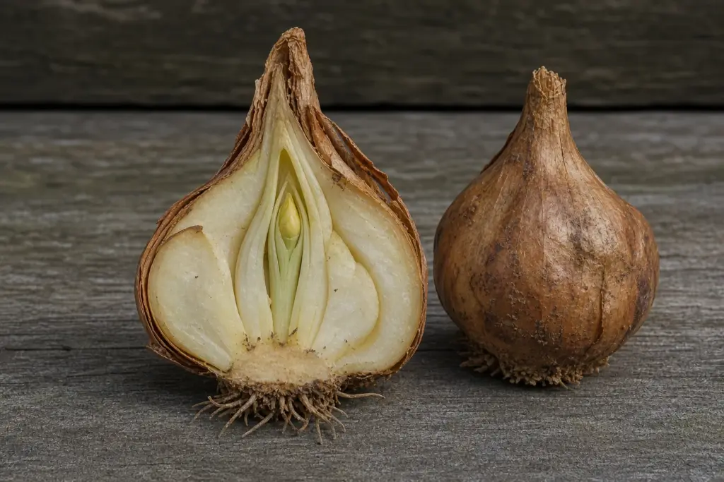 Longitudinally cut daffodil bulb showing pale fleshy storage scales around a central shoot above the basal plate.