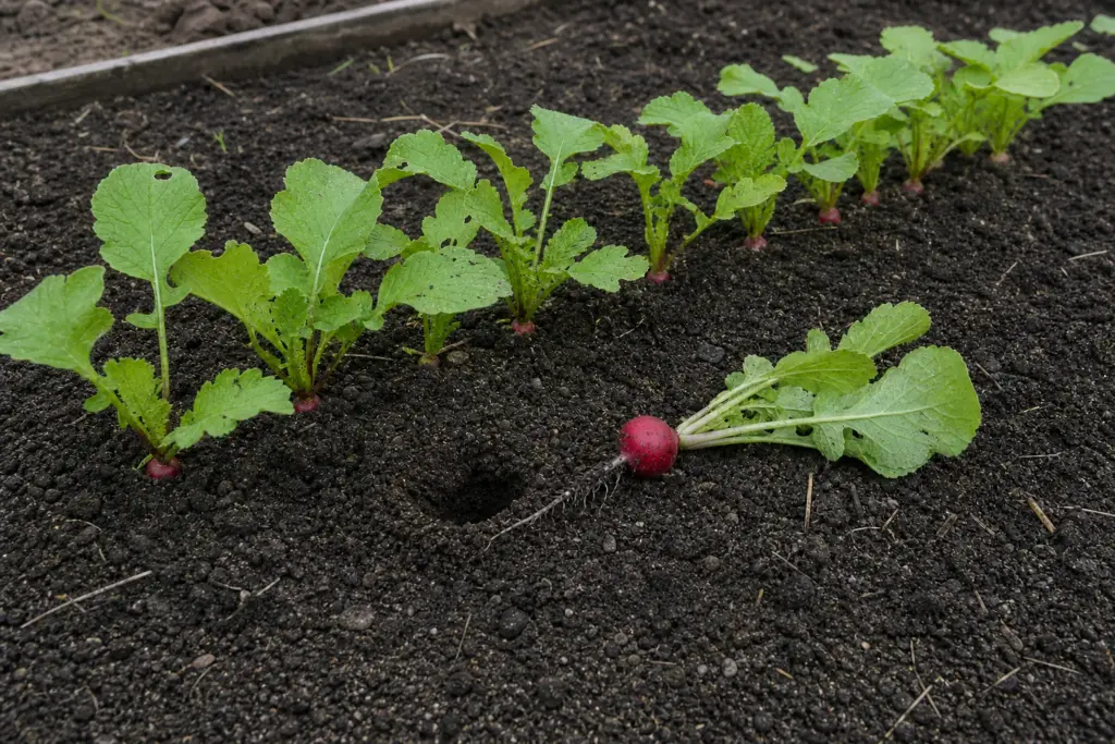 A thinned row of red radishes at mixed sizes, with one freshly lifted root beside the soil.