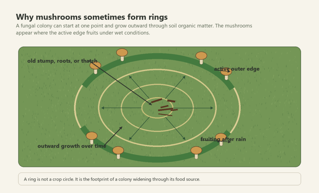 Illustration showing how a fungal colony expands outward to form a mushroom ring