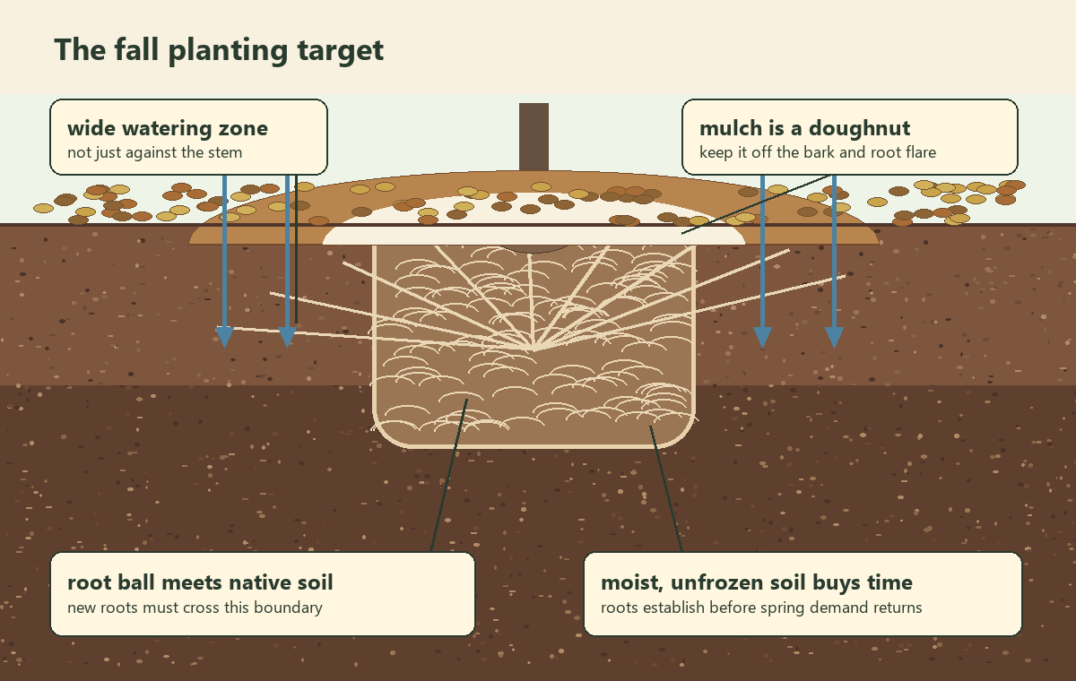 Cross-section diagram of a newly planted shrub showing a visible root flare, a doughnut-shaped mulch ring, and water moving beyond the root ball.