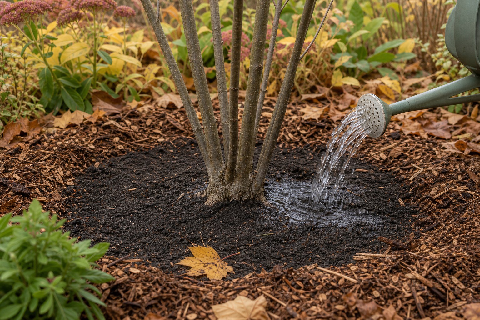 A newly planted shrub base with visible root flare, mulch kept away from bark, and water soaking into the root zone.