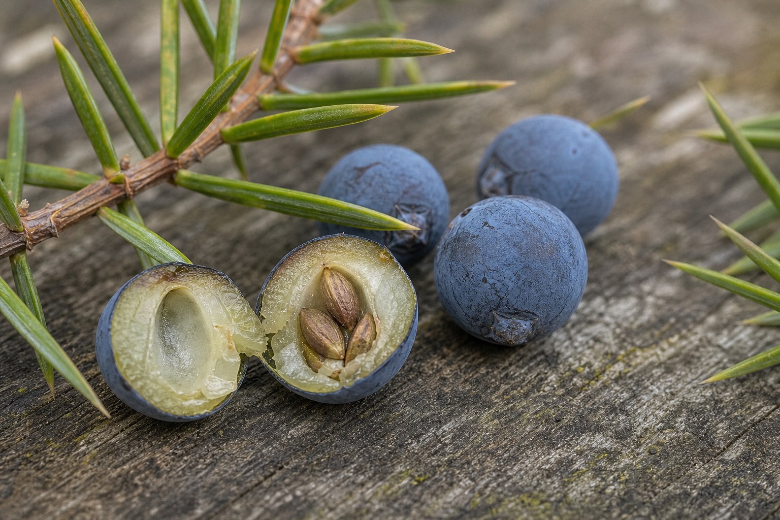 A cut-open blue juniper cone showing pale fleshy cone tissue and hard seeds inside.