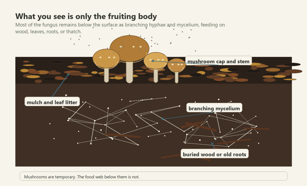 Illustration showing a visible mushroom above hidden branching mycelium in soil