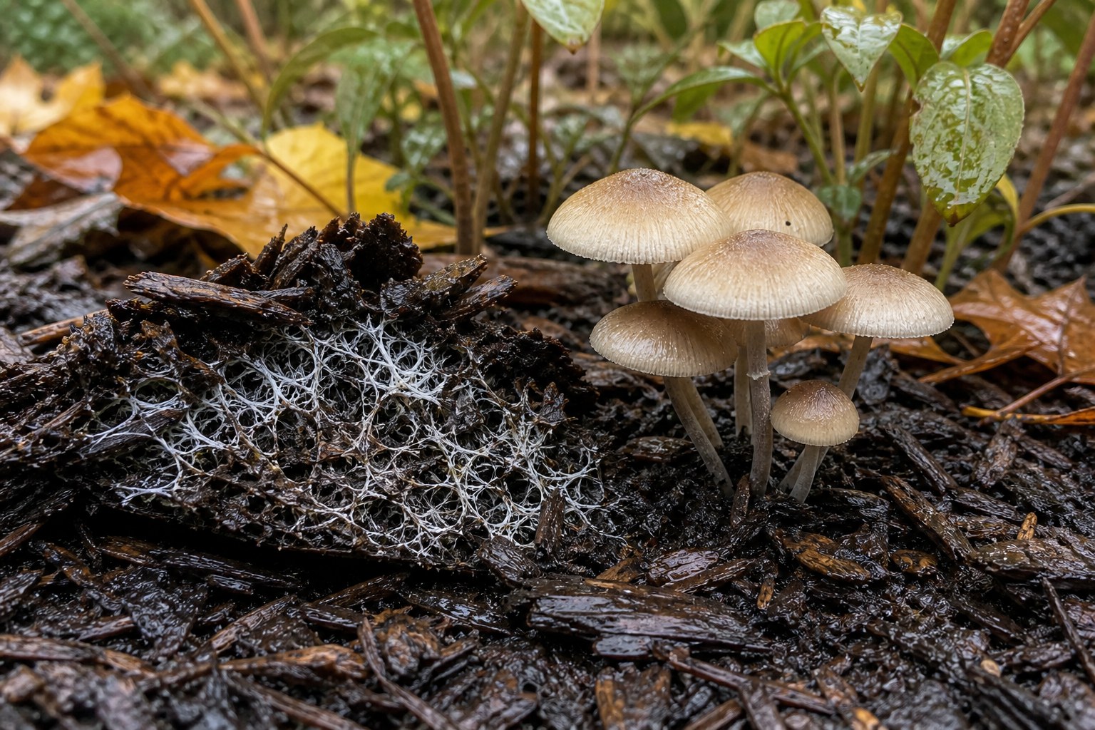 Small mushrooms fruiting from wet autumn mulch beside exposed white mycelium threads in decaying wood chips.