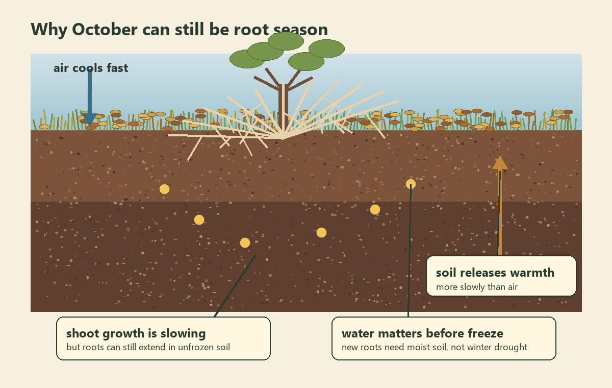 Diagram showing cool autumn air above warmer soil where new roots can still grow before the ground freezes.