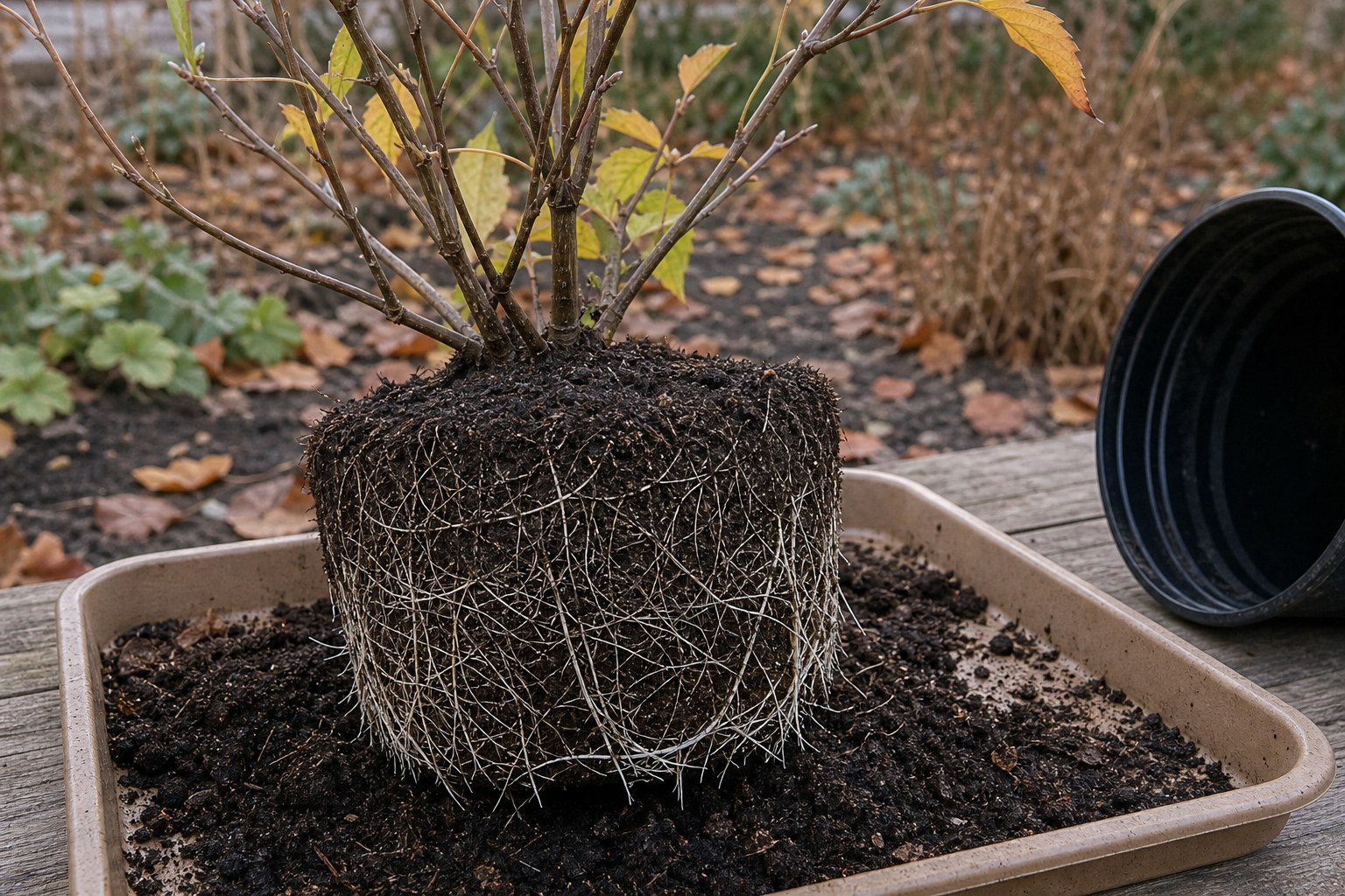 A lifted shrub root ball in autumn showing many fine pale roots around the outer edge.