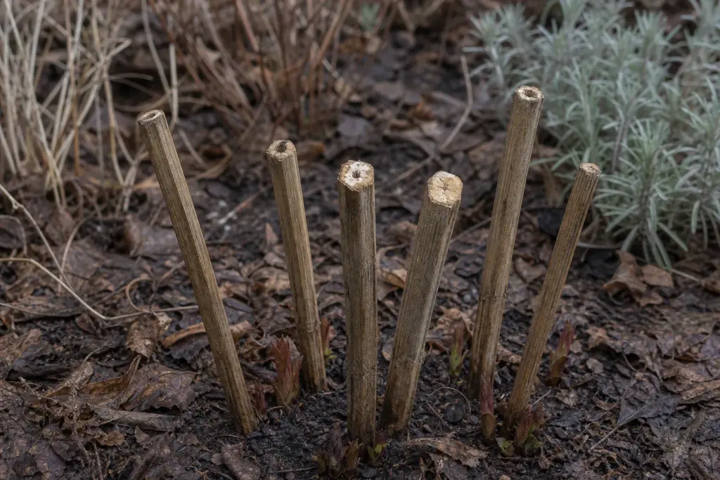 Close view of weathered bee balm stems cut high above new spring shoots, with hollow and pithy ends visible.
