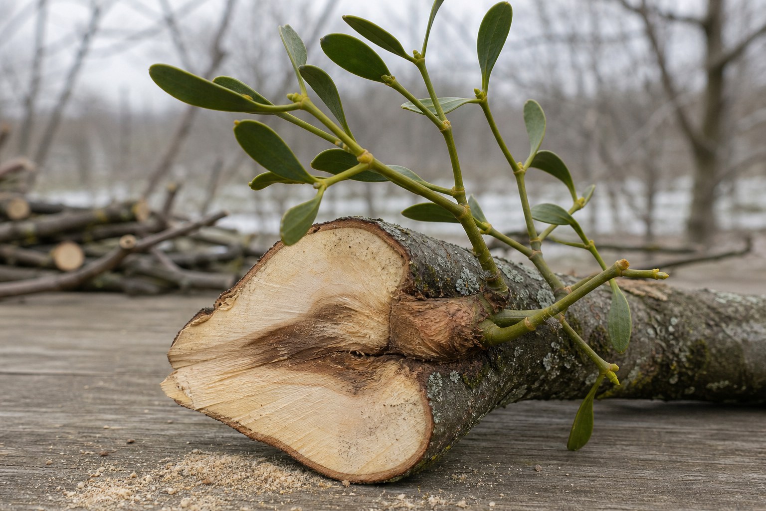 Cut winter branch section with green mistletoe attached and a swollen embedded woody connection visible near the cut.