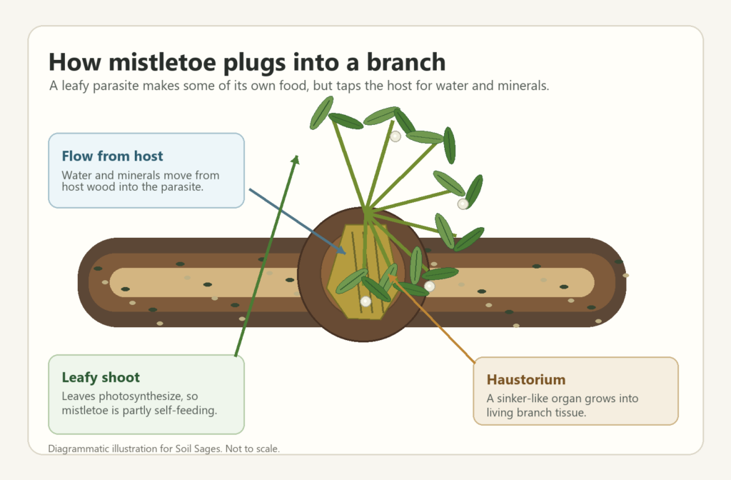 Diagram showing mistletoe stems and leaves above a branch with a haustorium entering host wood.
