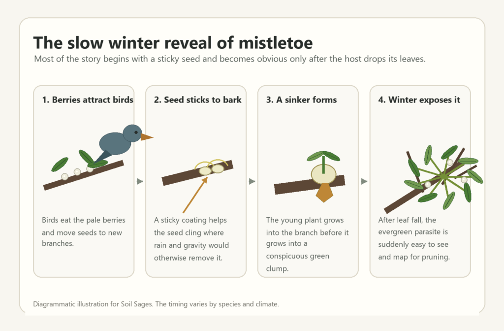 Illustrated mistletoe life cycle from bird-dispersed berries to sticky seed, haustorium, and visible winter clump.