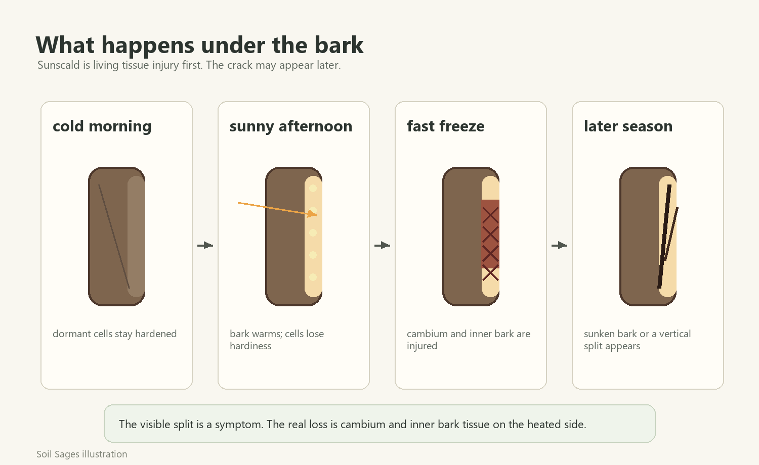 Illustration showing winter sunscald as bark warming, cambium injury, and later vertical bark splitting