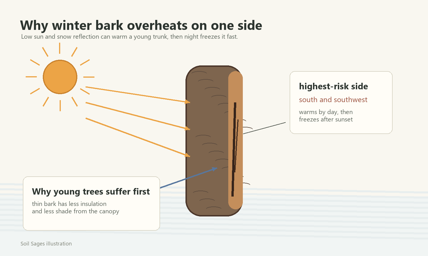 Illustration showing low winter sun and snow reflection warming the south and southwest side of a young tree trunk