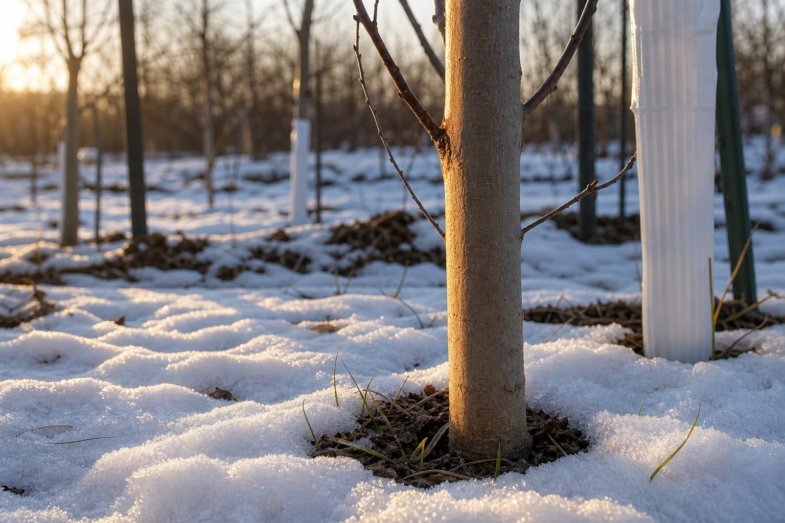 Low winter sun and reflected snow light striking the side of a young thin-barked tree trunk.
