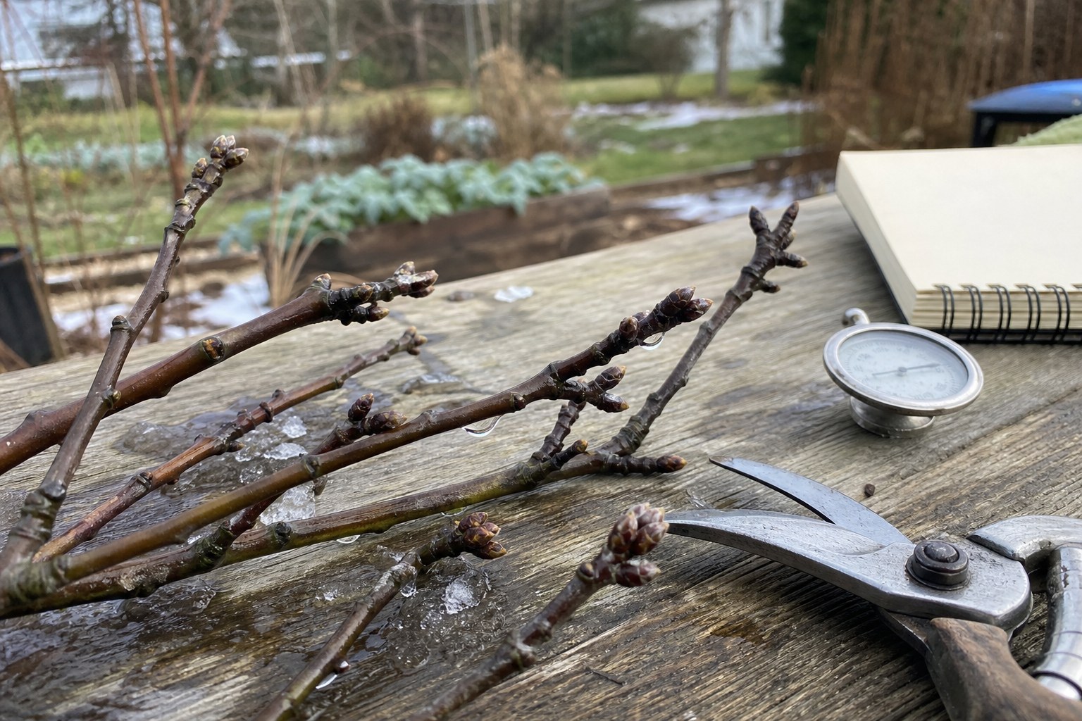 Dormant fruit tree twigs on a winter potting bench with pruning snips and a thermometer