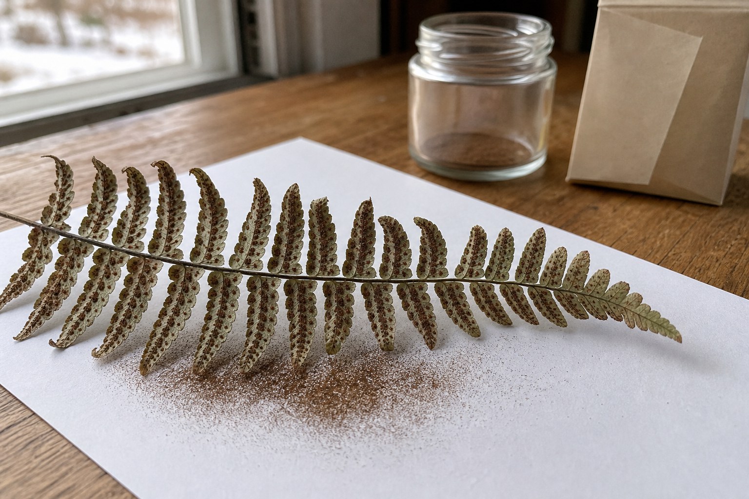 A fern frond with mature sori laid over white paper, leaving a fine brown dusting of spores.