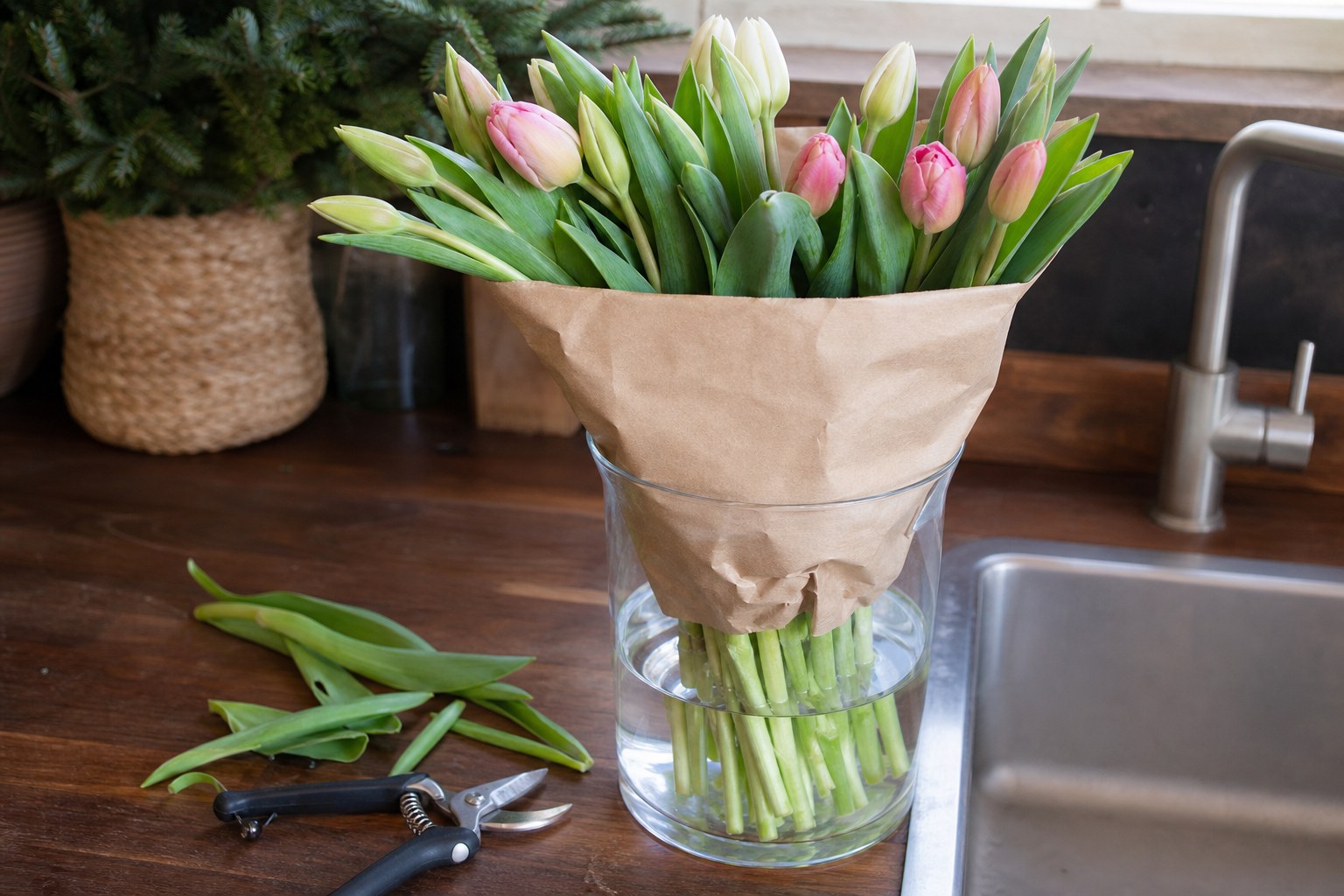 A bundle of fresh tulips wrapped in brown paper and standing upright in a clear vase of water beside clean pruning shears.