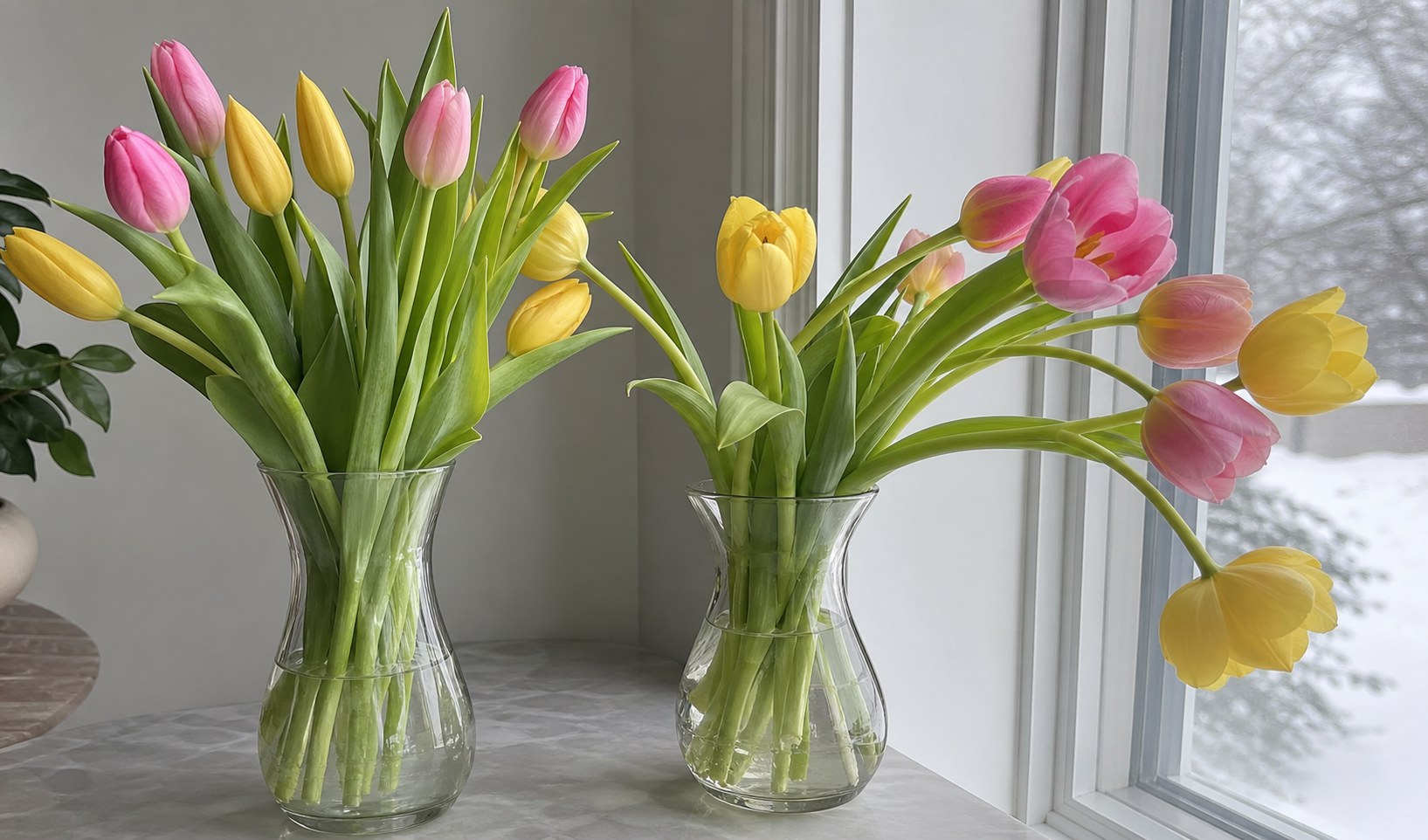 Two small vases of pink and yellow tulips beside a winter window, with one group leaning strongly toward the light.