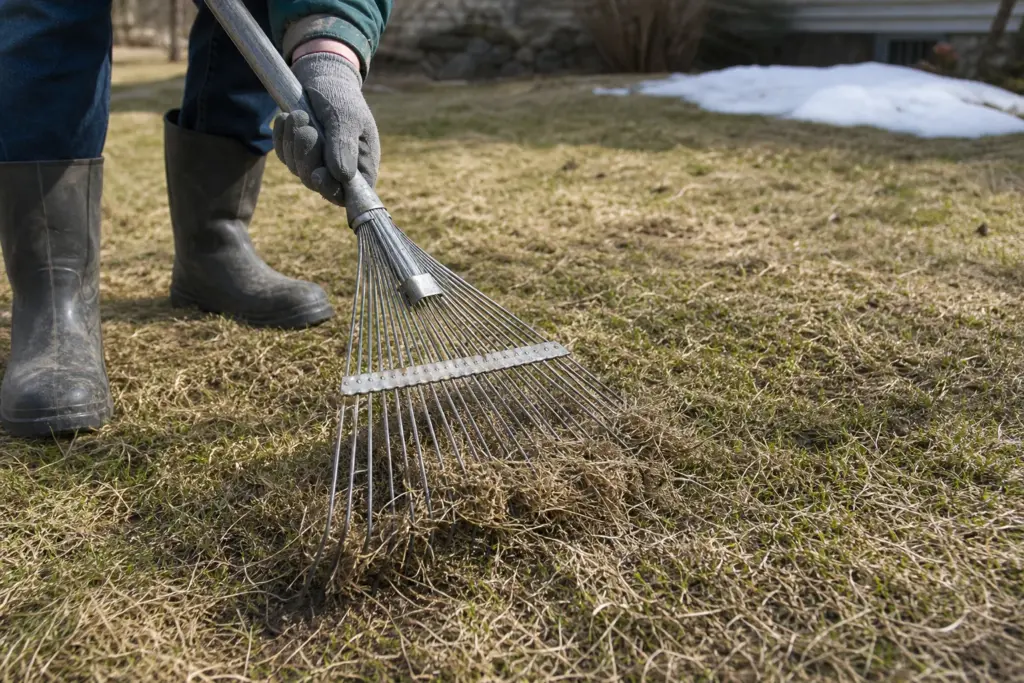 A gardener gently lifting dry, matted lawn grass with a flexible spring-tine rake after snowmelt.