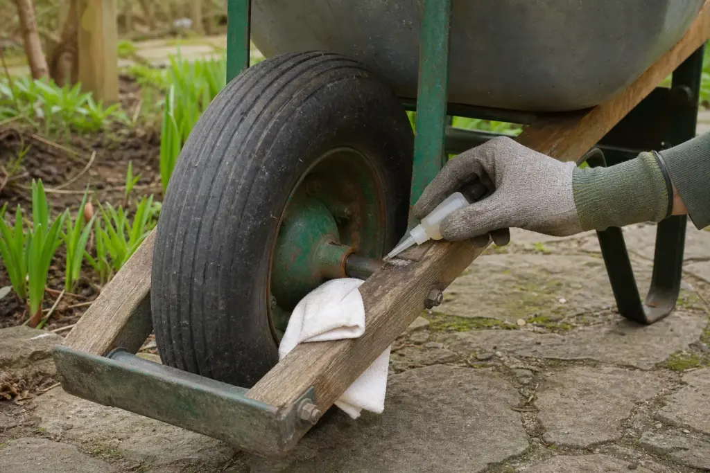 Gloved hand applying a drop of lubricant to a wheelbarrow axle above an absorbent cloth.