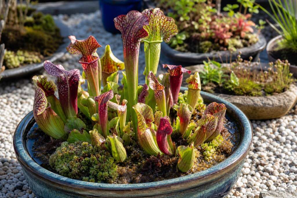 Sarracenia pitcher plants grow in a dedicated bog container with moss and rainwater among gravel.