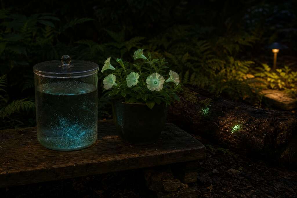 A covered glass vessel of bioluminescent dinoflagellates beside glowing petunias and a faintly glowing damp log in a dark garden corner.