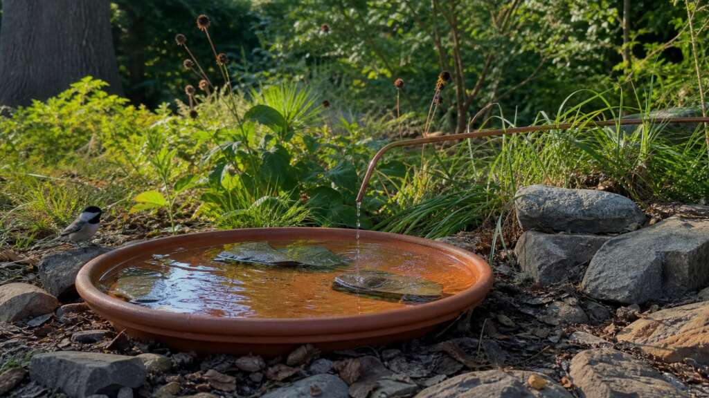 A shallow terracotta saucer bird bath with flat stones and a slow copper drip set among grasses, seedheads, leaf litter, and shrubs.