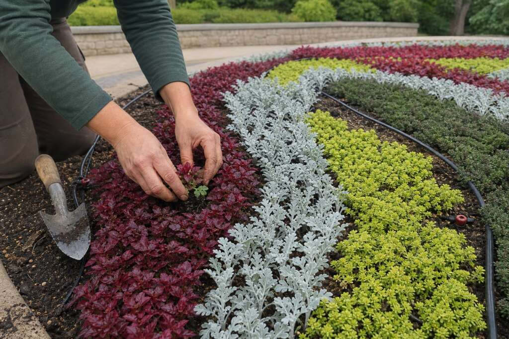 A gardener planting compact foliage plugs into curved burgundy, silver, lime, and green bands in a mosaiculture bed.
