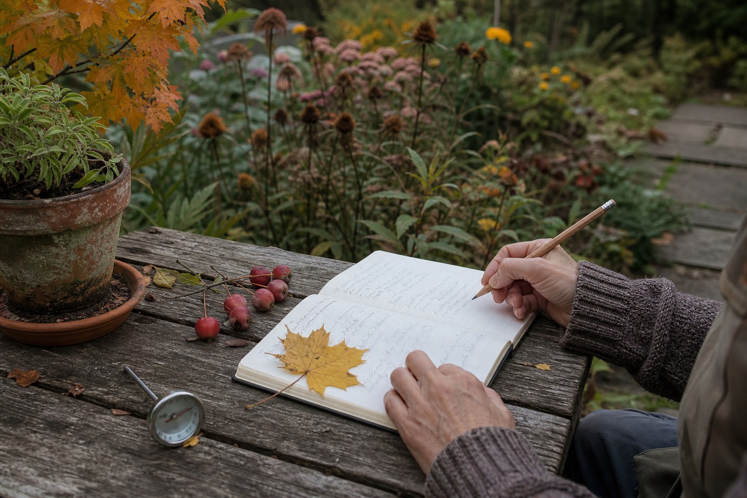 Gardener recording autumn phenology notes beside a yellow maple leaf, crabapples, seedheads, and a soil thermometer.