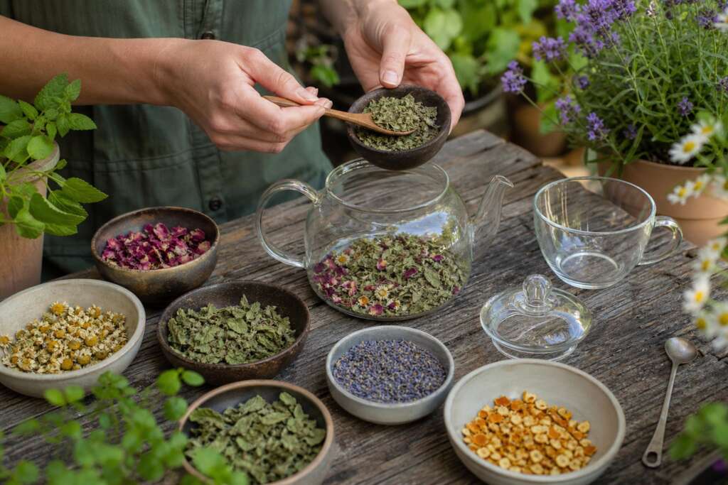 Hands blending dried lemon balm, mint, chamomile, lavender, rose petals, and citrus peel into bowls and a glass teapot on a garden table.