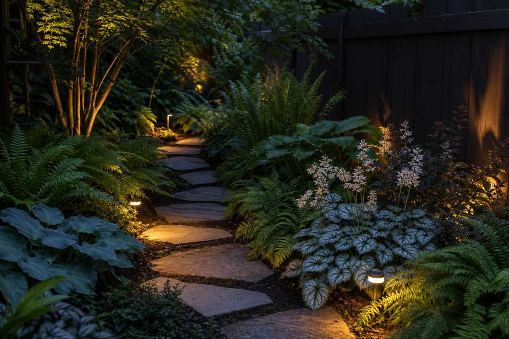 A curving stepping-stone path through ferns, dark foliage, pale flowers, silver leaves, and low warm path lights at dusk.