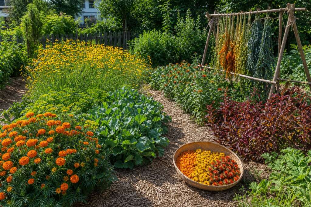 Sunny garden beds of dye plants with marigolds, coreopsis, leafy indigo-like plants, drying plant material, and a harvest basket on the path.