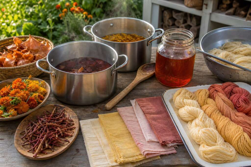 Plant dye pots, wool skeins, dyed cloth samples, marigold petals, madder roots, onion skins, and a jar of dye liquid on a garden worktable.