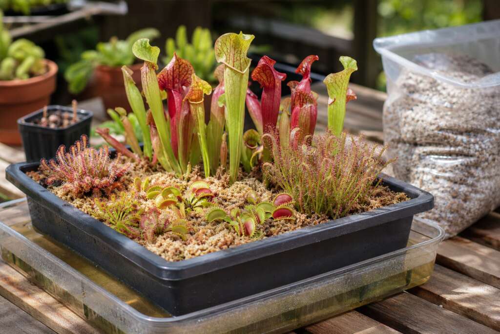 A shallow container bog with Sarracenia pitcher plants, sundews, Venus flytraps, sphagnum moss, and a rainwater tray.