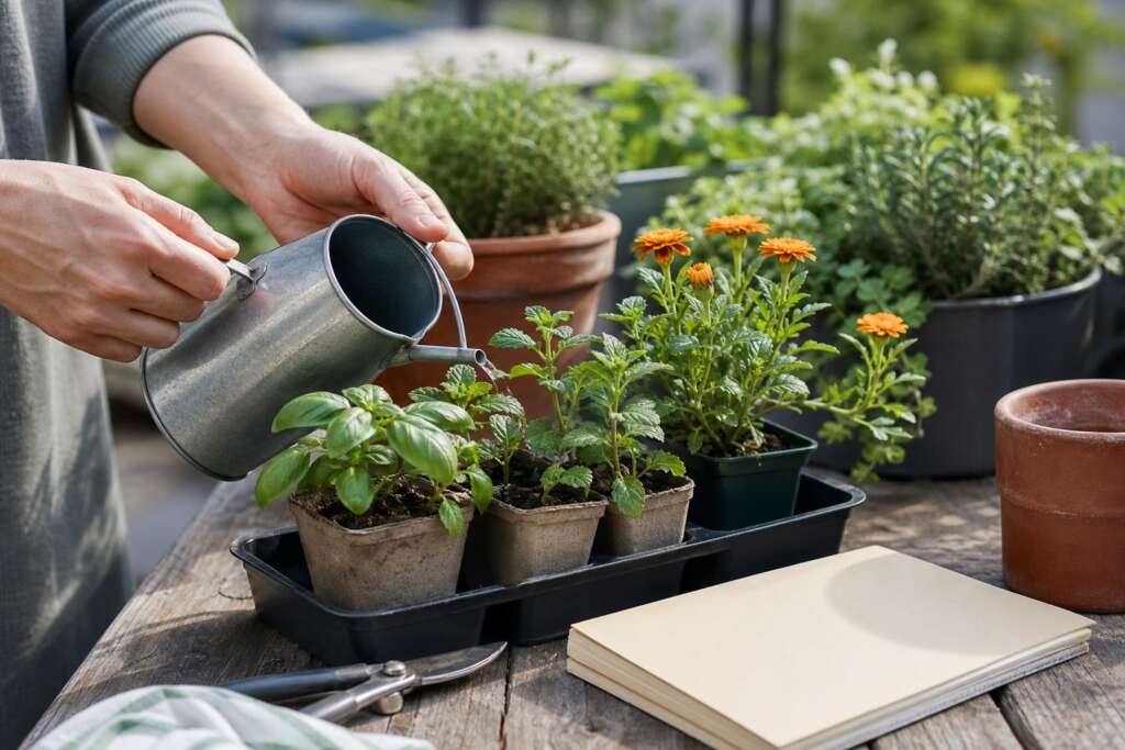Hands watering young herbs and calendula seedlings on a patio table with pruning snips, pots, and a notebook nearby.