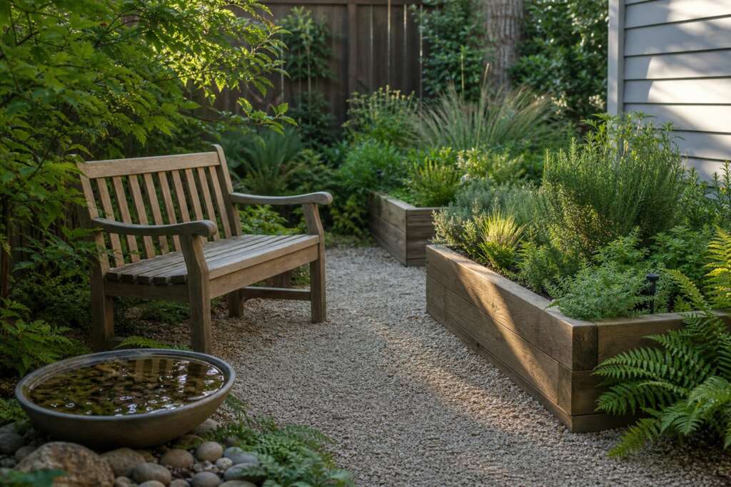 A wide gravel path, wooden bench, raised herb planters, ferns, grasses, and a shallow water bowl in a small restorative garden.