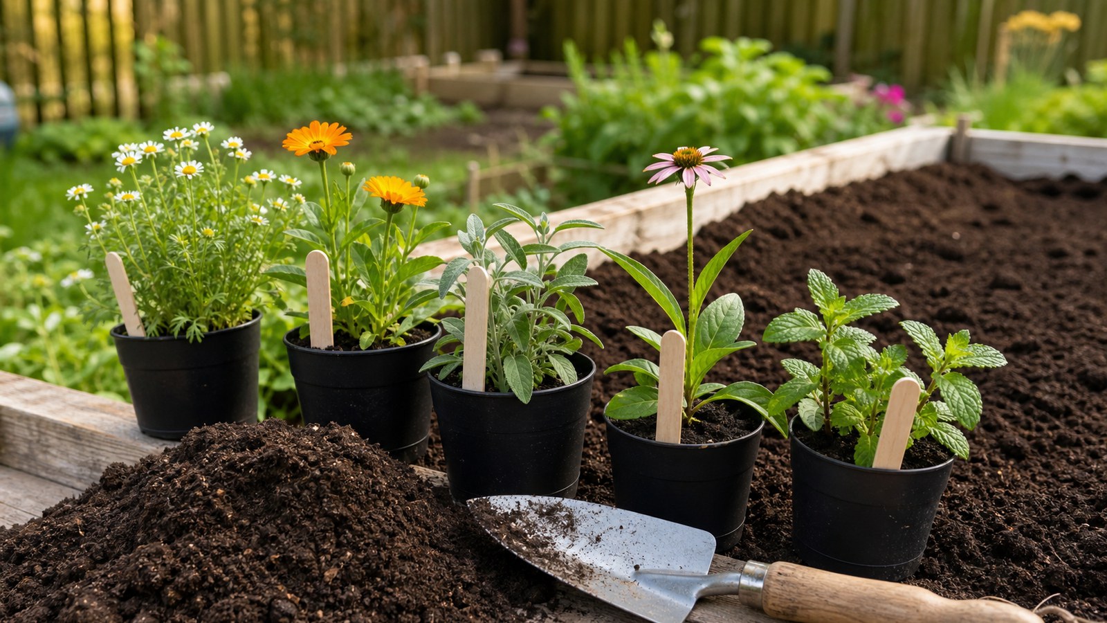 Young chamomile, calendula, sage, echinacea, and mint seedlings in pots beside a prepared raised bed.