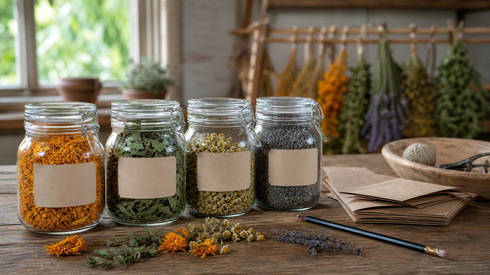 Dried garden herbs stored in clean glass jars with blank labels, envelopes, and a pencil on a wooden table.