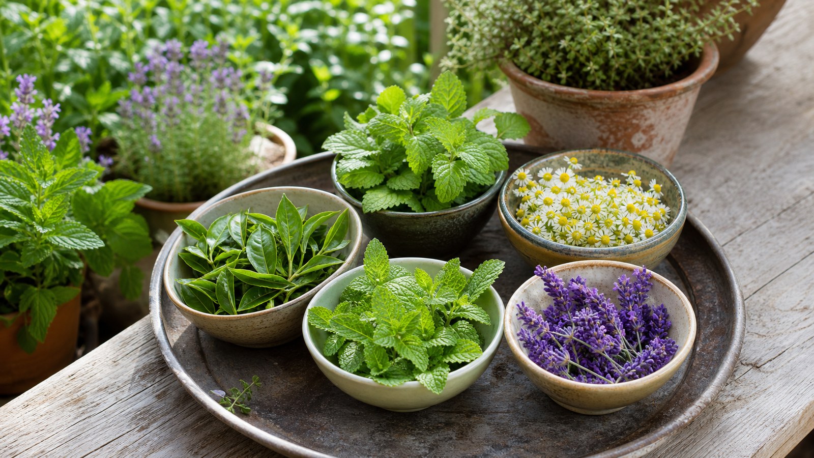Fresh tea and herbal infusion plants arranged in bowls, including tea leaves, mint, lemon balm, chamomile, and lavender.