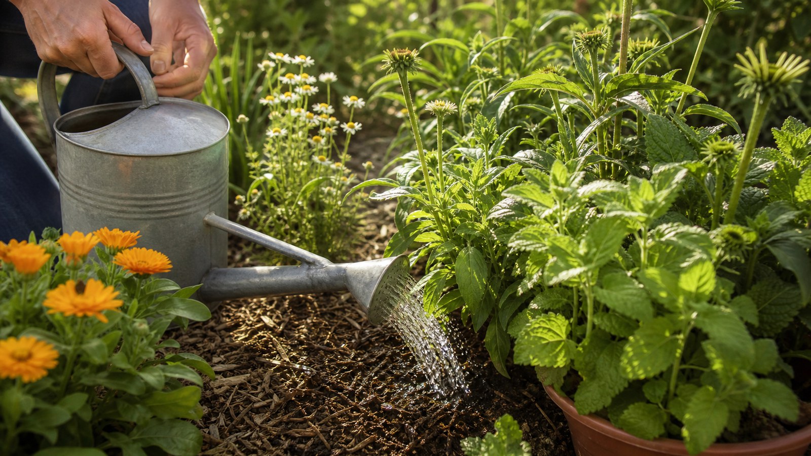 A watering can watering soil in a mixed herb bed with calendula, chamomile, mint, and other herbs.