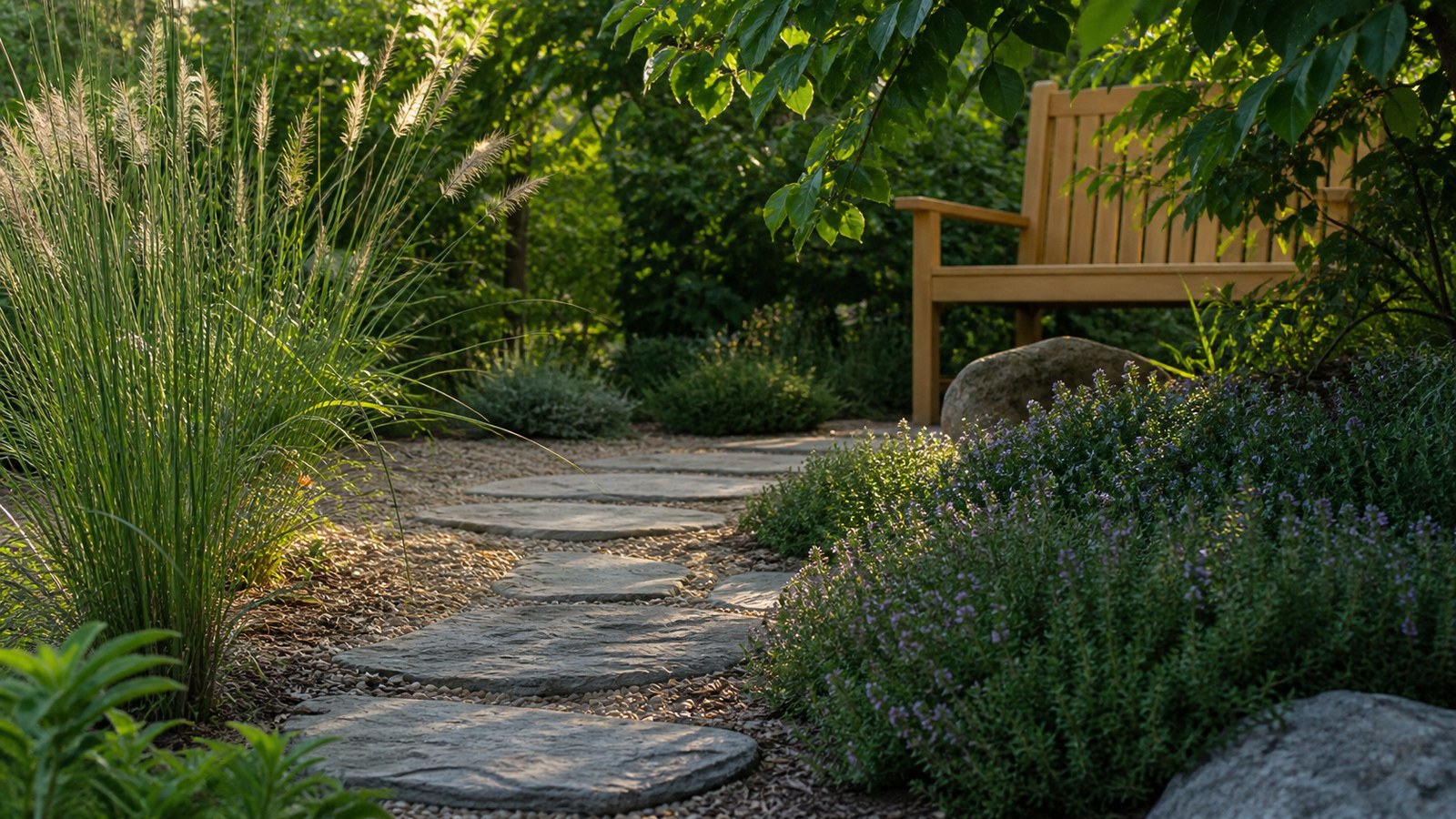 A narrow garden path through grasses and herbs toward a simple wooden seat in filtered light.