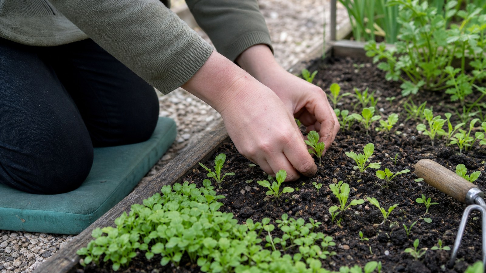 Hands thinning small seedlings in damp garden soil beside a kneeling pad and hand tool.