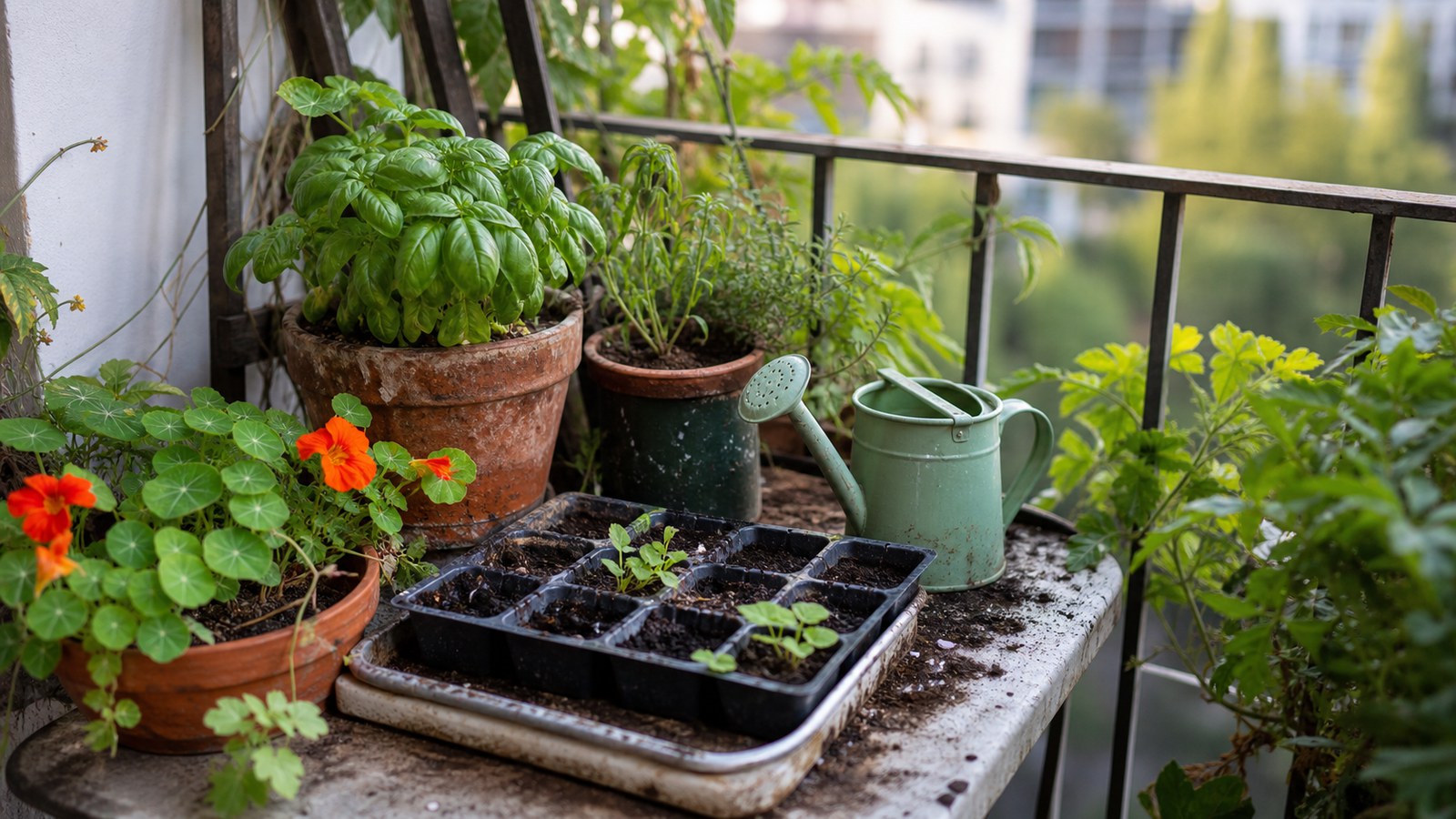 A modest balcony garden table with potted basil, nasturtiums, seedlings, soil, and a small watering can.