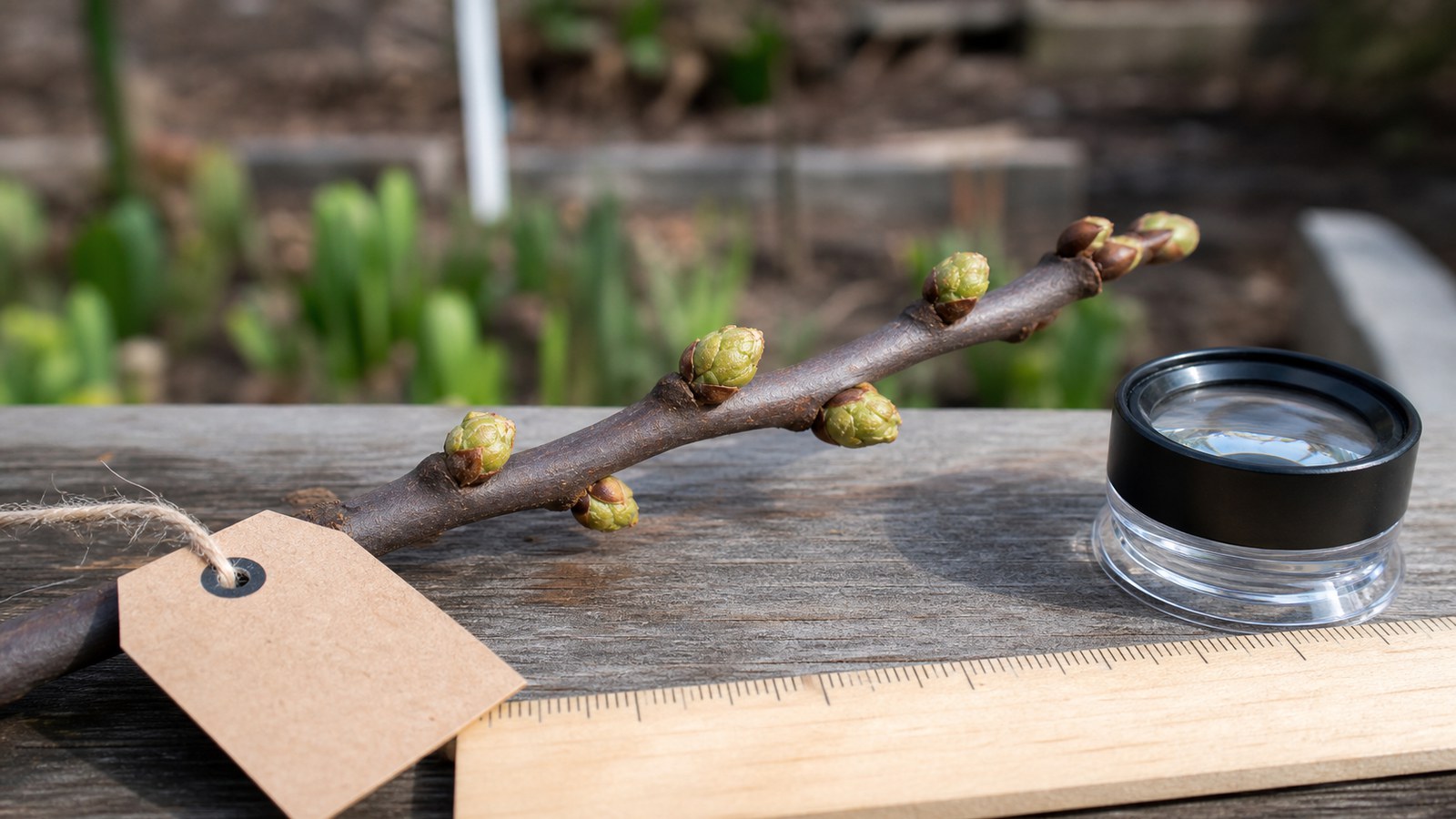 Swelling shrub buds on a twig with a blank tag, hand lens, and ruler on a garden table.