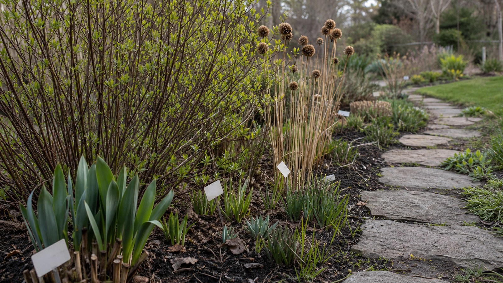 A small garden border with shrubs, emerging bulbs, seed heads, blank markers, and a narrow path.