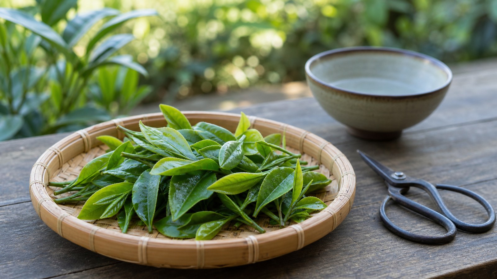 Fresh Camellia sinensis tea shoots on a bamboo tray with garden scissors and a ceramic bowl.
