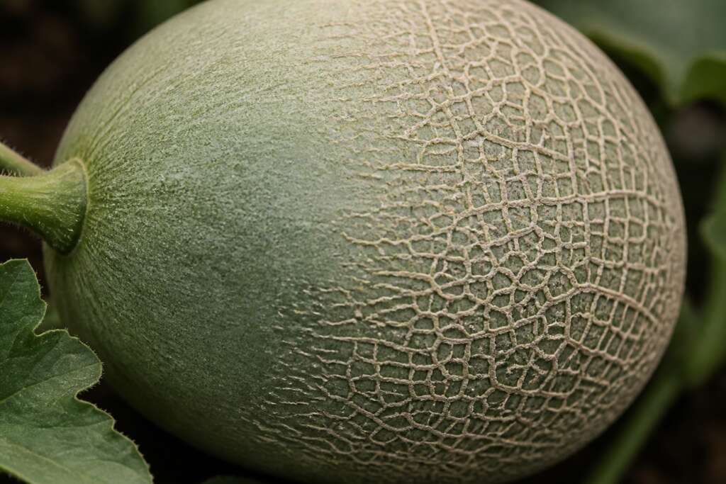 Close-up of a growing green cantaloupe with smooth rind near the stem and raised corky netting spreading from the opposite side.